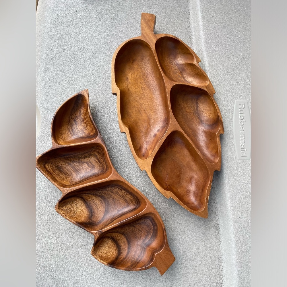 2 Wooden Leaf Shaped Divided Serving tray dish platters